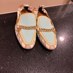 Tory Burch Mint and Gold Chain Loafers